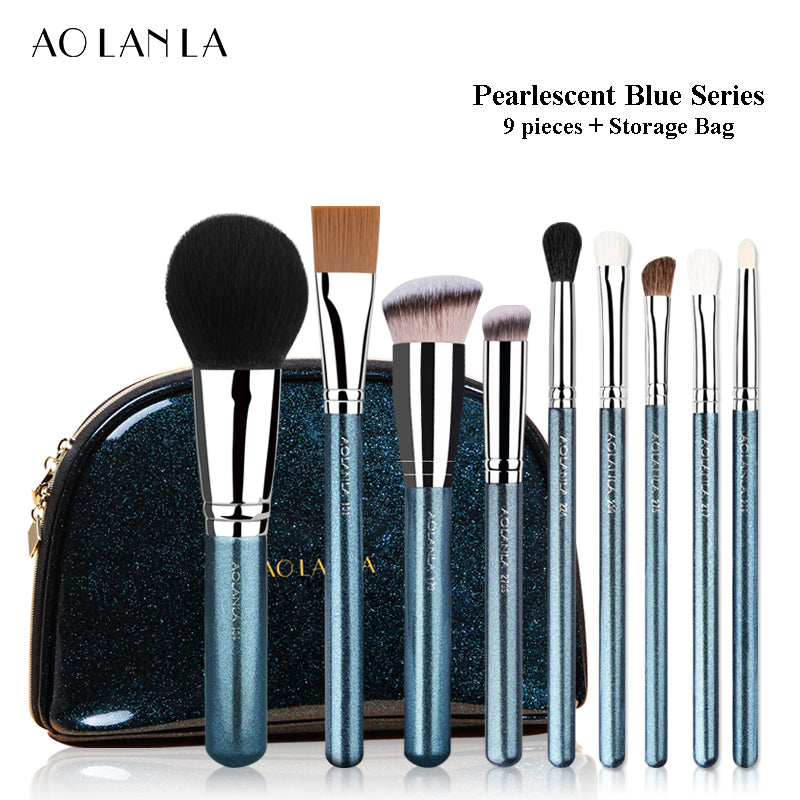 AOLANLA pearlescent blue 9 pieces makeup brushes set full set foundation brush loose paint concealer brush eye shadow brush nose brush beauty brush makeup tool belt makeup bag