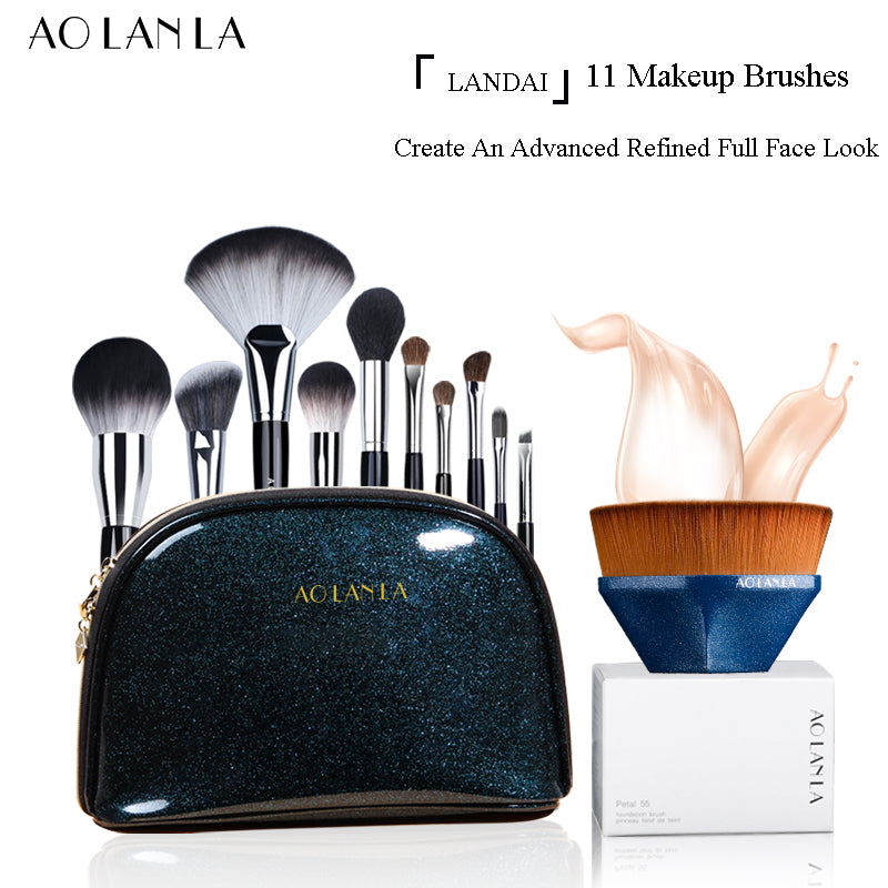 AOLANLA American Masters Professional Makeup Brush Set 11 sets of Powder powder Blush brush Highlight Brush Eyeshadow Brush Beauty Brush with makeup bag Version 55