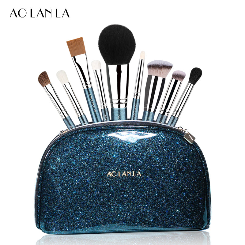 AOLANLA pearlescent blue 9 pieces makeup brushes set full set foundation brush loose paint concealer brush eye shadow brush nose brush beauty brush makeup tool belt makeup bag