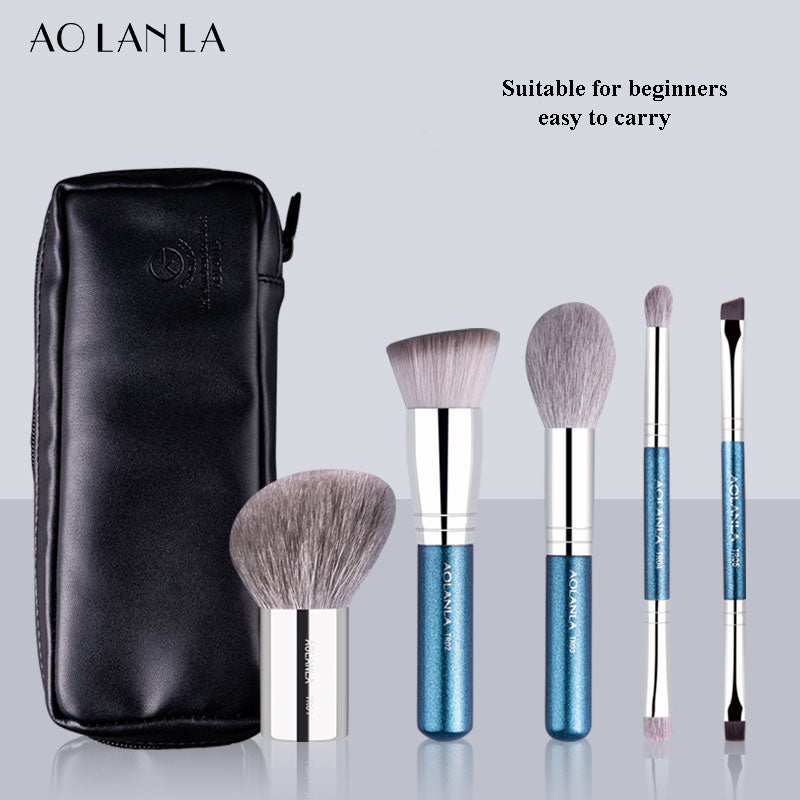 AOLANLA Portable 5 Pieces Makeup Brush Set Powder Brush Blush Brush Double-headed Eyeshadow Eyebrow Brush With Storage Brush Bag