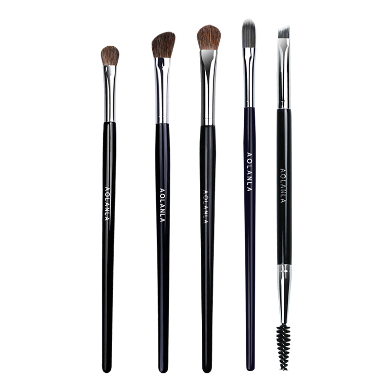 AOLANLA Black 5 eye shadow brush set bevel nose brush faint dye details brush animal hair wool horse hair full set eye makeup brush beauty makeup tool including brush pack