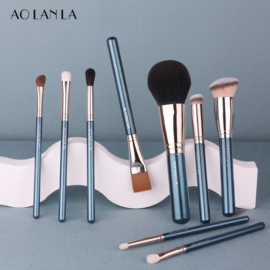 AOLANLA pearlescent blue 9 pieces makeup brushes set full set foundation brush loose paint concealer brush eye shadow brush nose brush beauty brush makeup tool belt makeup bag